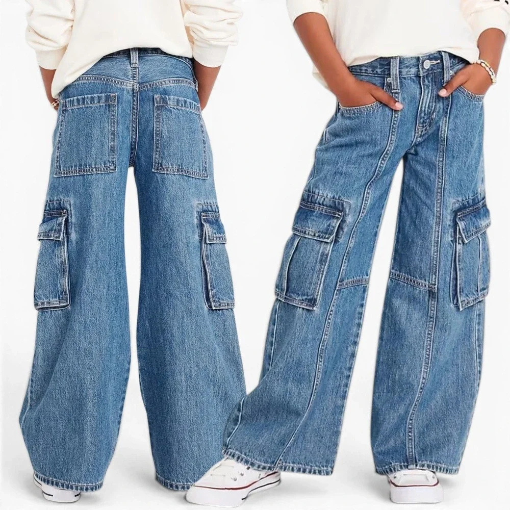 Old Navy High-Waisted Super Baggy Wide-Leg Cargo Jeans Girls 18 Seam Front Denim
